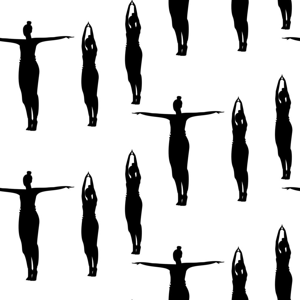 Endloses Muster einer Silhouettenfrau, die Yoga-Asanas mit erhobenen Armen und in verschiedene Richtungen macht vektor