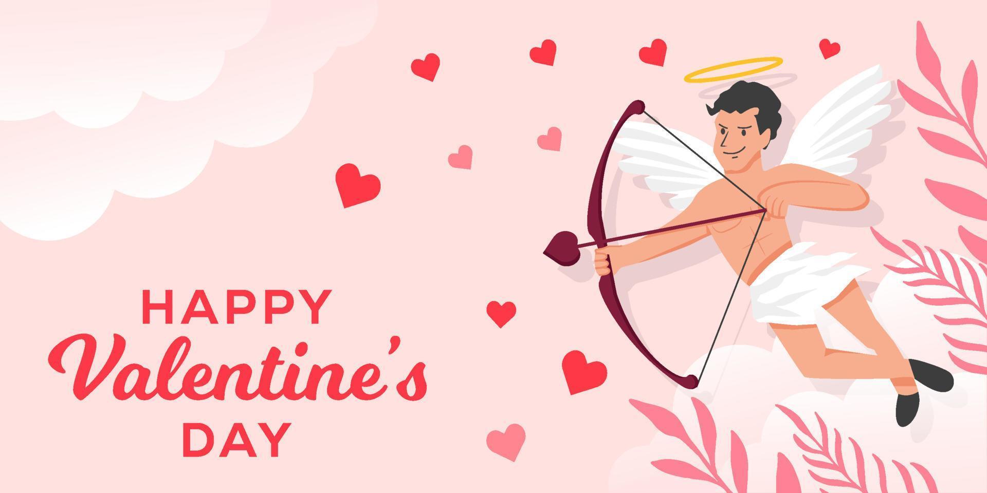 flacher glücklicher valentinstag horizontale fahne mit amorillustration vektor