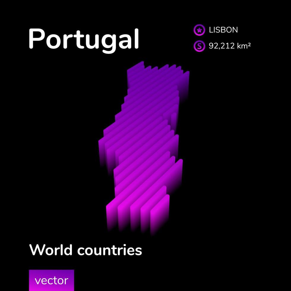 portugal 3d Karta. stiliserade neon digital isometrisk randig vektor Karta i violett och rosa färger på de svart bakgrund