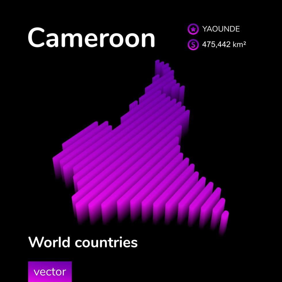 stilisierte gestreifte isometrische 3D-Vektorkarte von Kamerun. karte von kamerun in neonvioletten und rosafarbenen farben auf schwarzem hintergrund vektor
