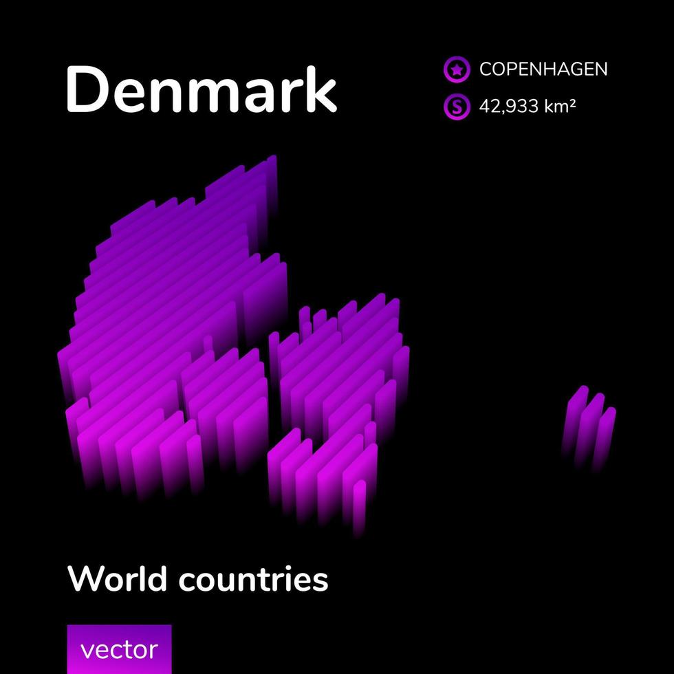 Danmark 3d Karta. stiliserade neon digital isometrisk randig vektor Karta av Danmark i violett och rosa färger på de svart bakgrund.