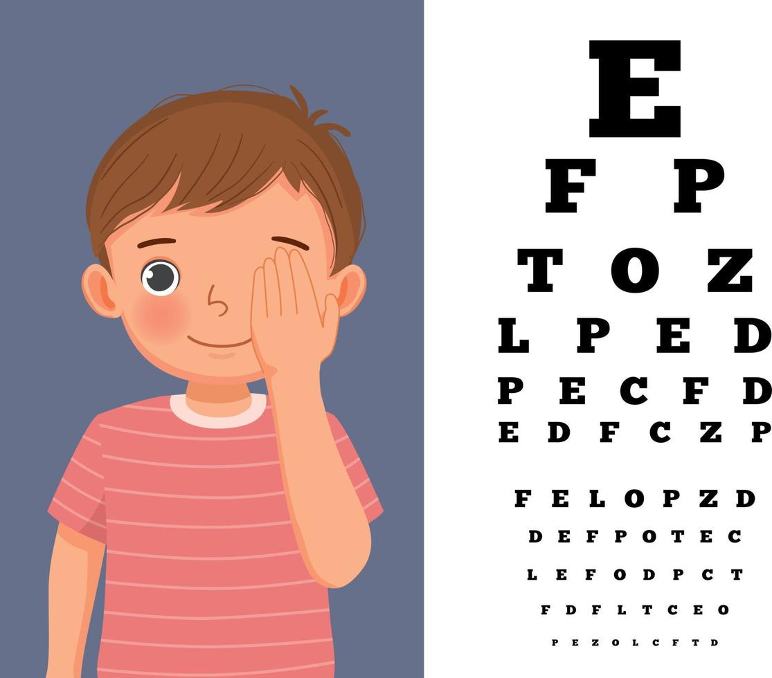 söt liten pojke omslag hans öga har syn testa läsning blockera brev på ögonläkare kontor vektor