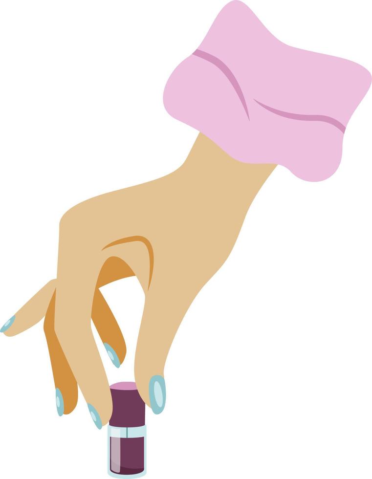 schöne weibliche Hand, die eine geschlossene lila Nagellackflasche hält, die auf weißem Hintergrund lokalisiert wird vektor
