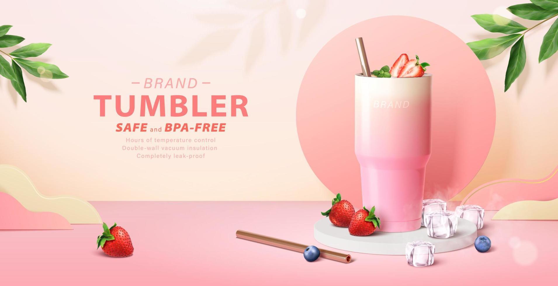 Werbebanner für rosa Becher. 3D-Darstellung einer Gradienten-Tumbler-Flasche, die mit Erdbeershake beladen ist und auf dem Podium ausgestellt ist, mit Beeren, Eiswürfeln und rostfreiem Strohhalm vektor