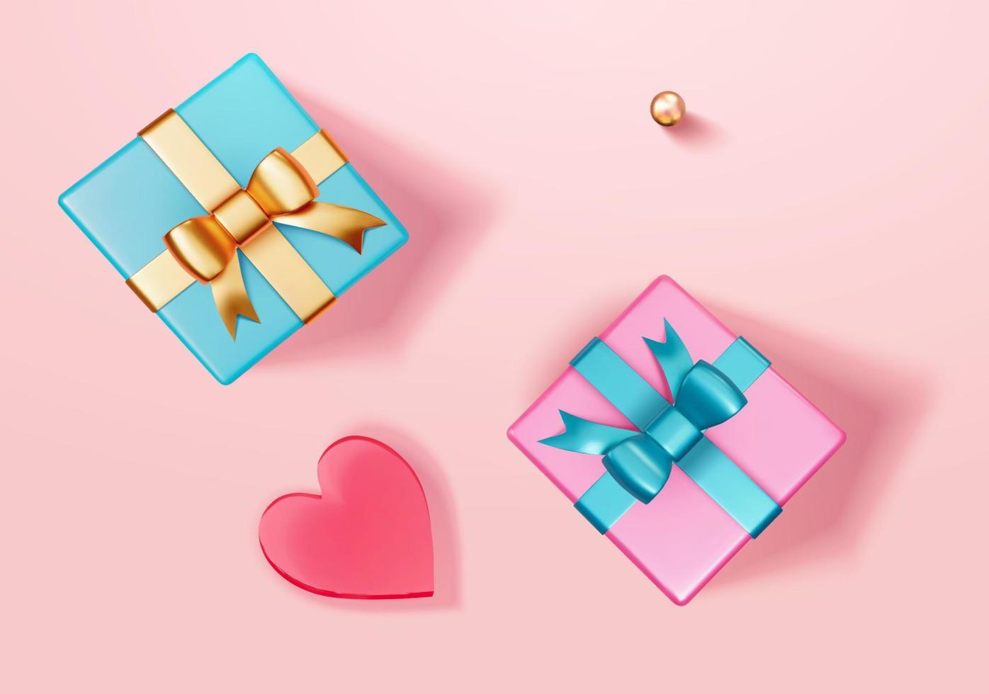 3D-Darstellung von zwei verpackten Geschenkboxen, einer kleinen Metallkugel und einer roten Herzdekoration, die auf rosafarbenem Hintergrund in flacher Lage isoliert ist vektor