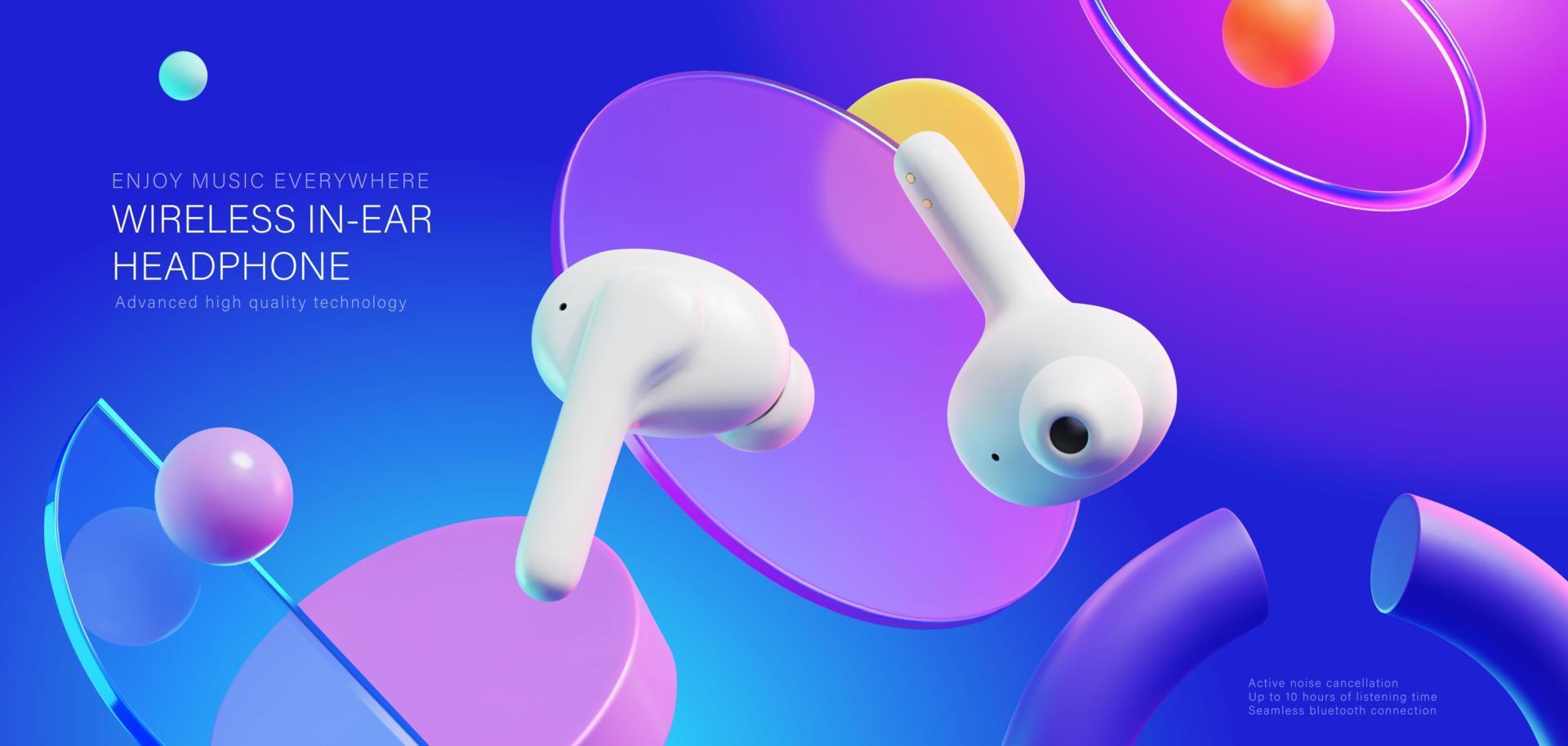 trådlös i öra hörlurar annons. 3d illustration av ett i öra öronsnäckor visas i främre av flytande skivor på lila blå bakgrund vektor