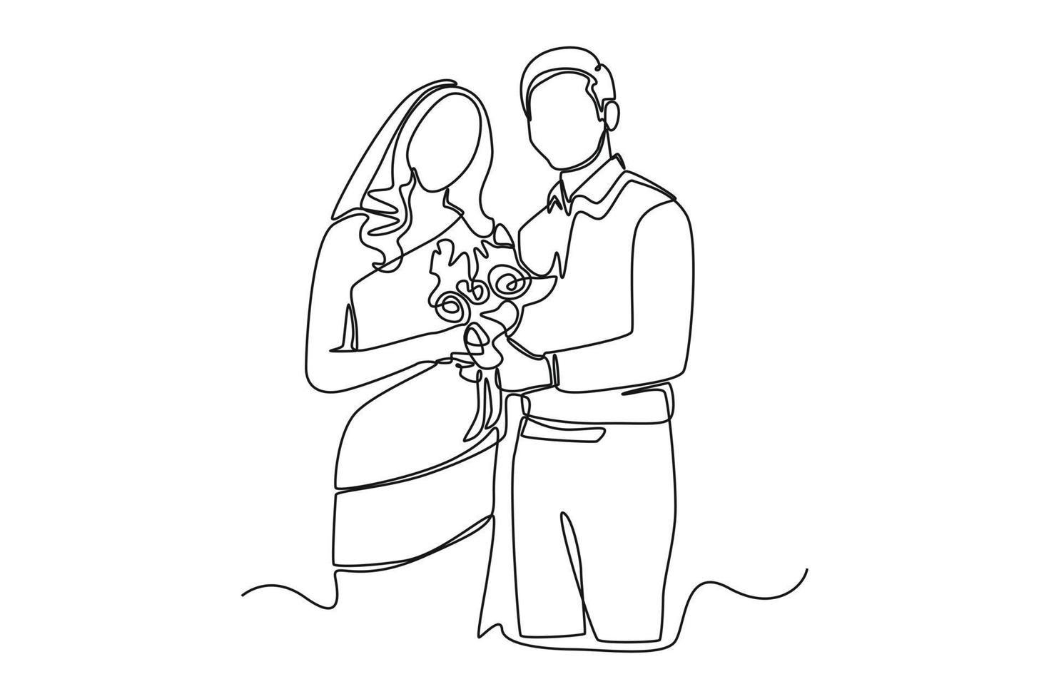 kontinuerlig ett linje teckning brud i en klänning och brudgum stående tillsammans medan innehav en bröllop bukett av blommor. bröllop begrepp. enda linje dra design vektor grafisk illustration.