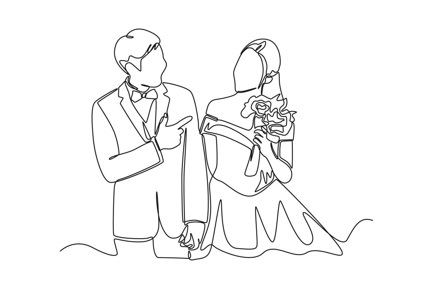 durchgehend eine Linie, die ein junges Ehepaar zeichnet, das sich anschaut, während es Händchen hält. Hochzeitskonzept. einzeiliges zeichnen design vektorgrafik illustration. vektor