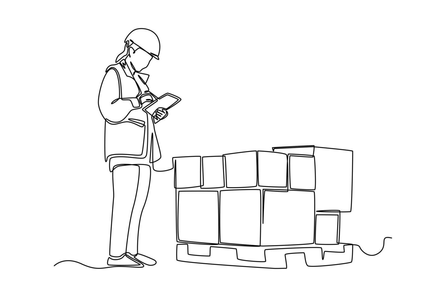 Kontinuierliche Zeichnung einer professionellen Frau, die mit einem digitalen Tablet Kästchen ankreuzt. Cargo-Konzept. einzeiliges zeichnen design vektorgrafik illustration. vektor