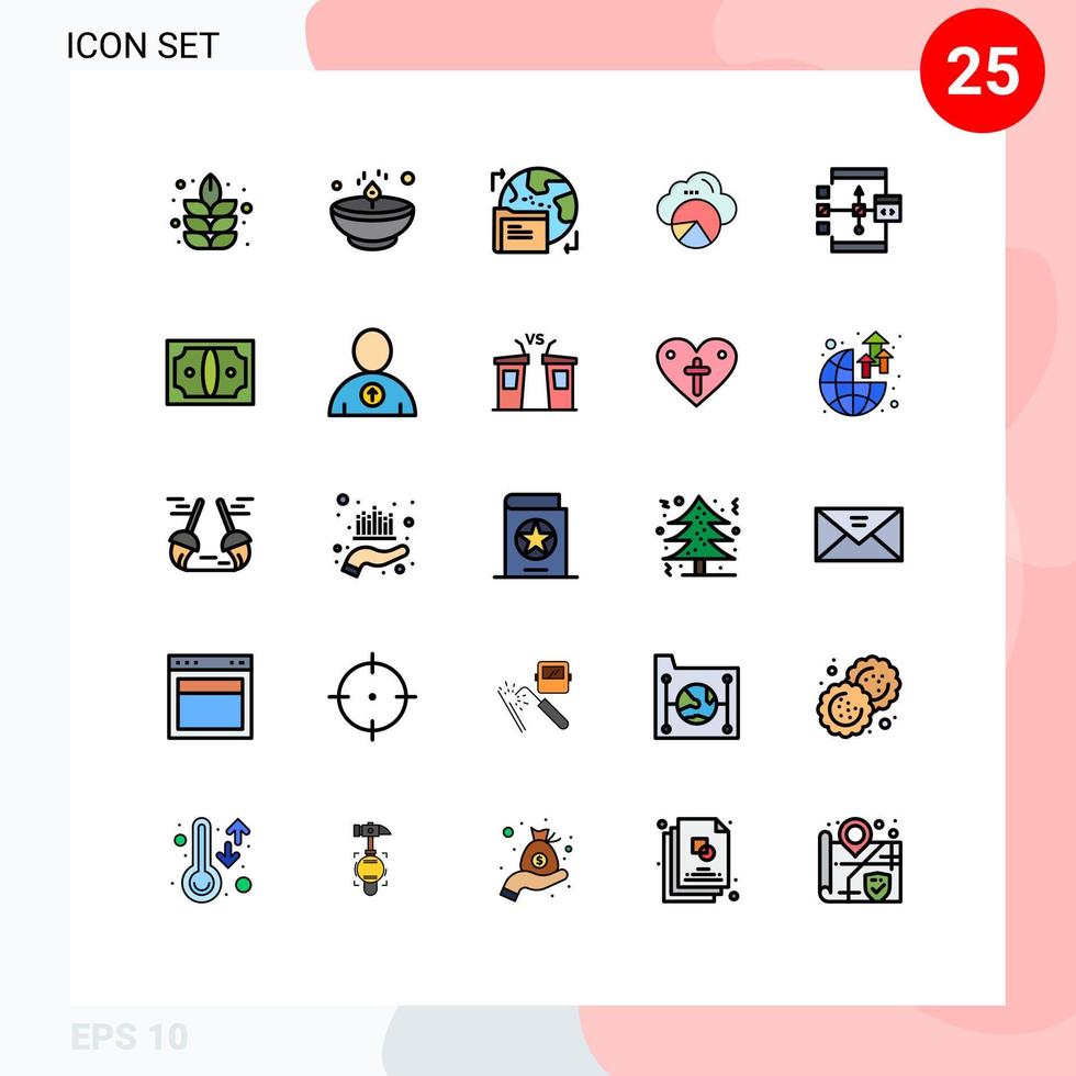 25 tematiska vektor fylld linje platt färger och redigerbar symboler av kodning moln scince BRP data scince rapportering redigerbar vektor design element