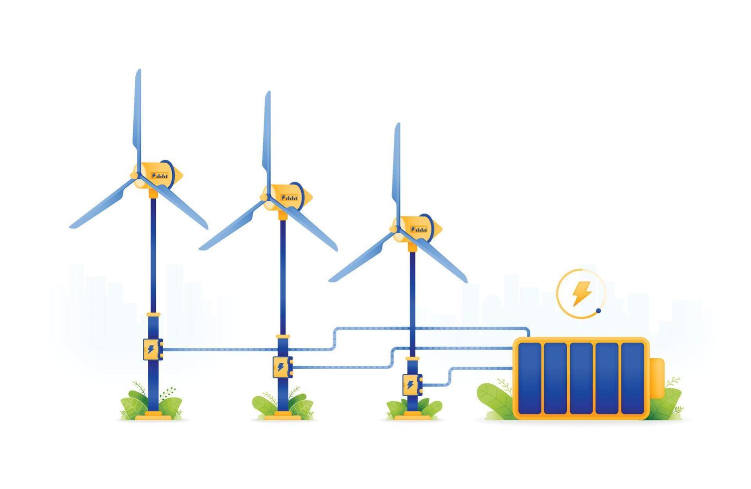 design illustration av vind kommer från miljövänligt energi. vind turbiner producera låg utsläpp elektricitet till avgift och Lagra litium batteri. kan vara Begagnade för webb, hemsida, affischer, appar, broschyrer vektor