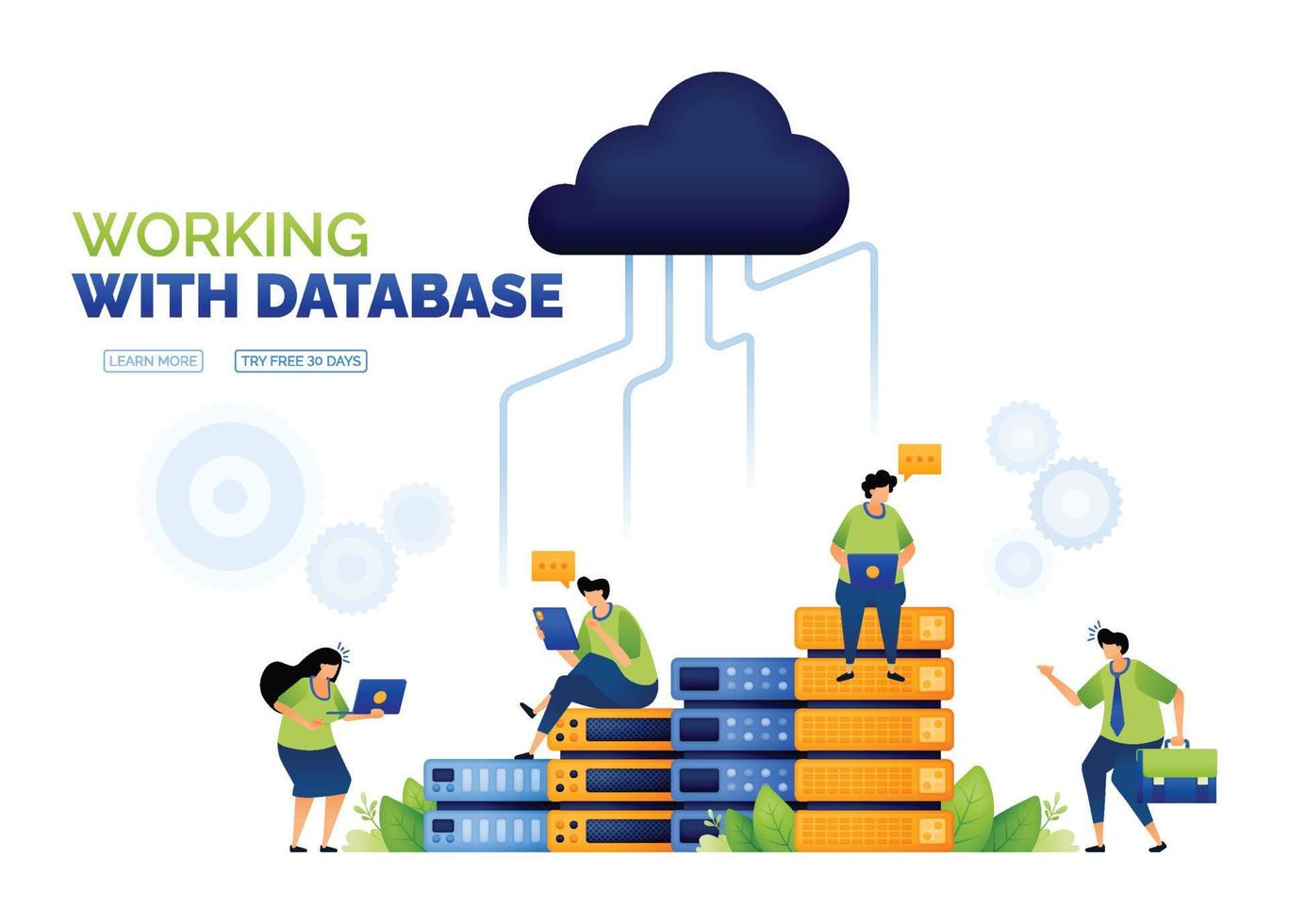 illustration av databas och moln. ökade server tillgång. databas diagram och moln datoranvändning kommunikation. tillgång ladda upp och ladda ner på moln. kan använda sig av för annons, affisch, kampanj, hemsida, appar vektor