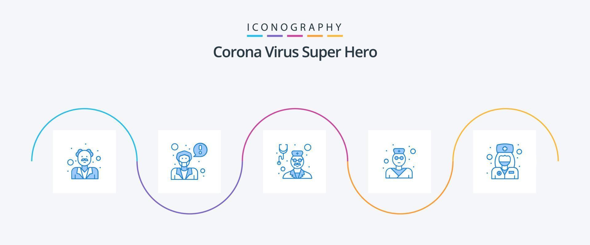 Corona-Virus Superheld blau 5 Icon Pack inklusive Mädchen. Stethoskop. Gesundheitsvorsorge. Arzt. medizinisch vektor