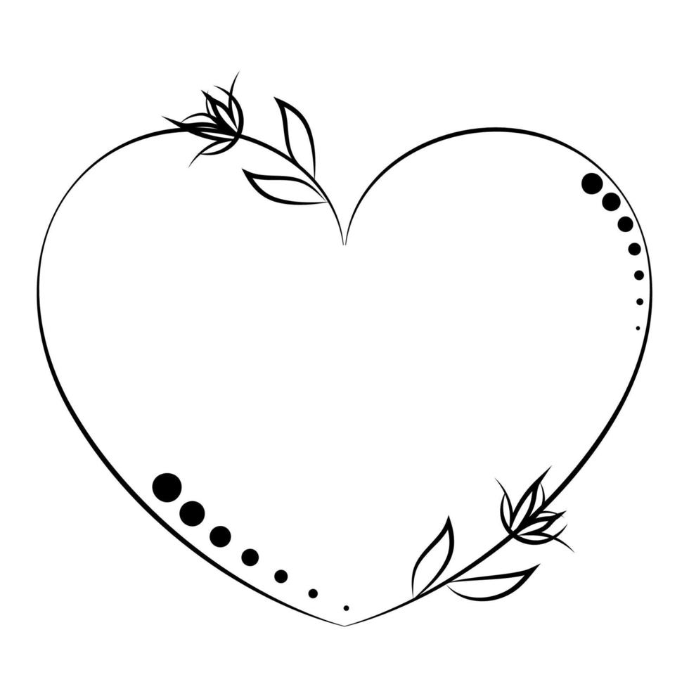 Herzrahmen im linearen Stil mit Punkten und Blumen. design für tätowierung, karte, logo, hochzeitseinladung vektor