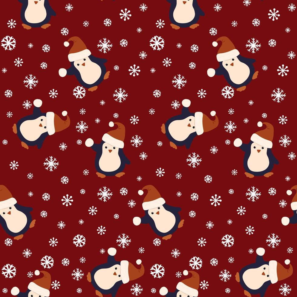 nahtloser hintergrund mit pinguinen in weihnachtsmütze und schneeflocken auf rot. Geschenkpapier, Muster vektor
