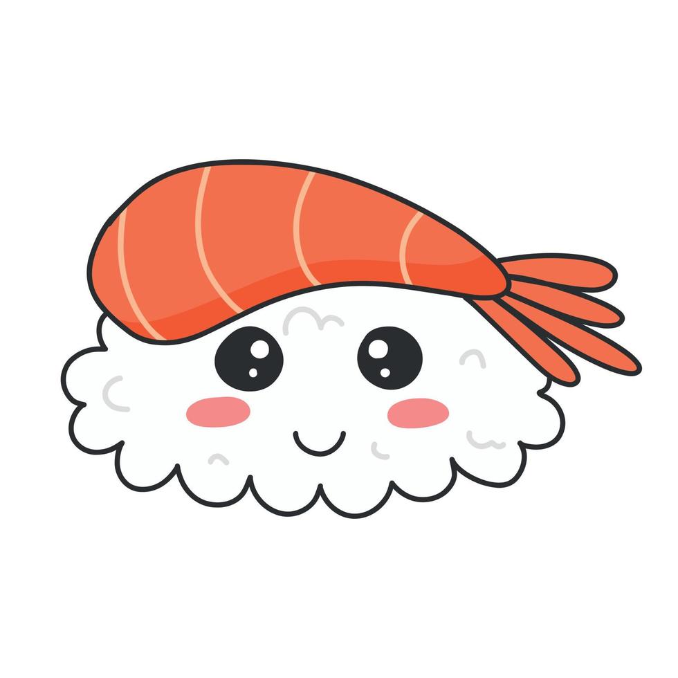 räka sushi i söt stil. söt japansk sushi med en leende. vektor illustration. tecknad serie stil. sushi restaurang logotyp. rolig sushi karaktär.