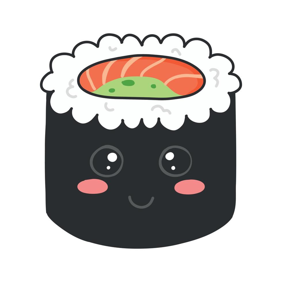 sushi i söt stil. söt japansk sushi med en leende. vektor illustration. tecknad serie stil. logotyp för en sushi restaurang. rolig sushi karaktär.