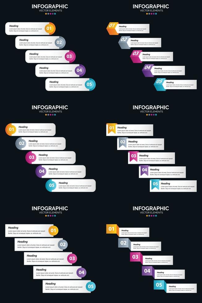 Vektor 6 Infografiken Pack Präsentationsfolie Vorlage 5 Schritte Zyklusdiagramme und Zeitleisten