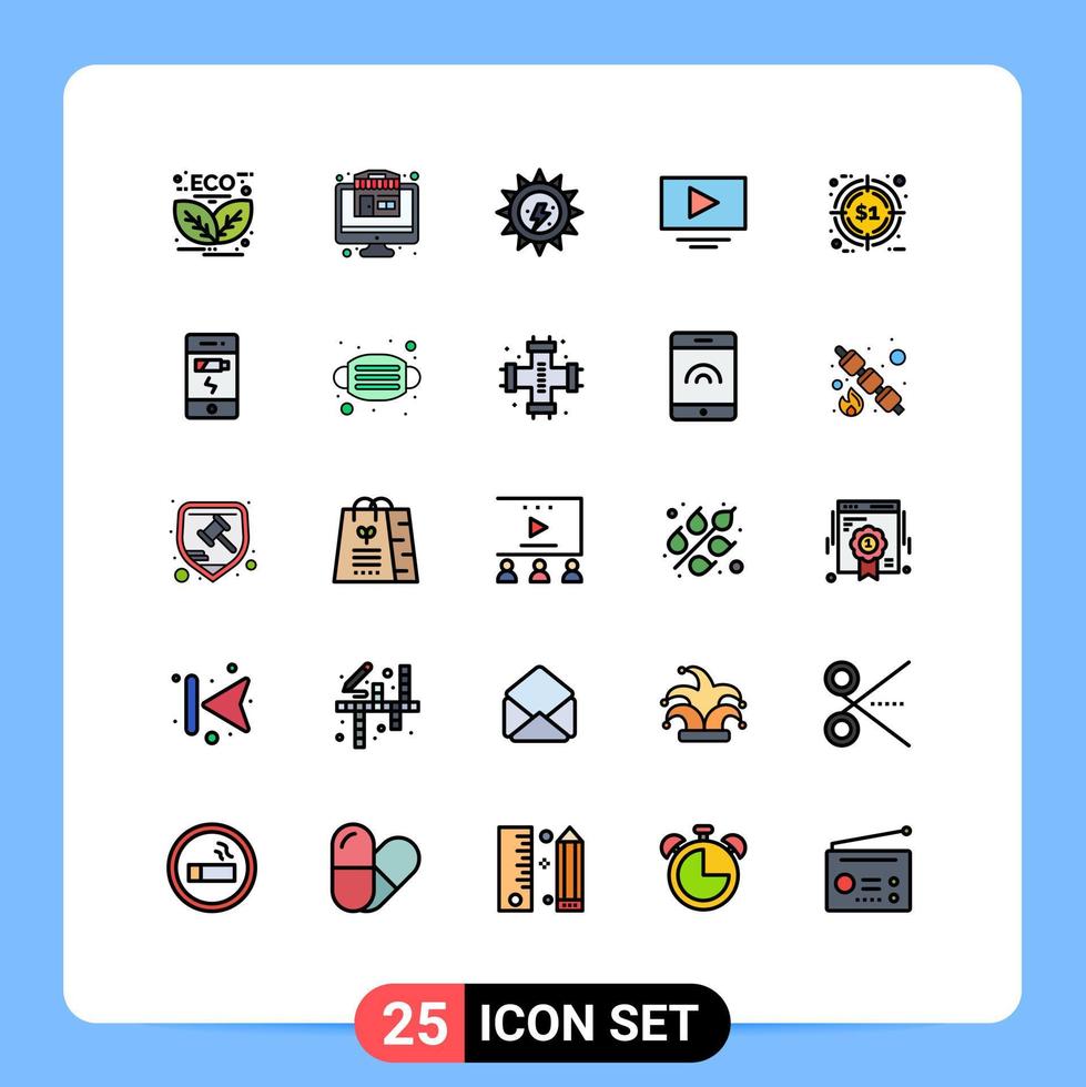 moderner satz von 25 gefüllten flachen linienfarben und symbolen wie aktionsrabatt erde tag youtube video editierbare vektordesignelemente vektor
