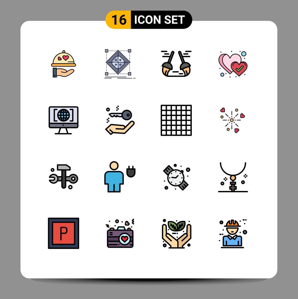 Piktogramm-Set aus 16 einfachen, flachen, farbgefüllten Linien des Internets wie Vorbereitungsherz-Sweep editierbare kreative Vektordesign-Elemente vektor