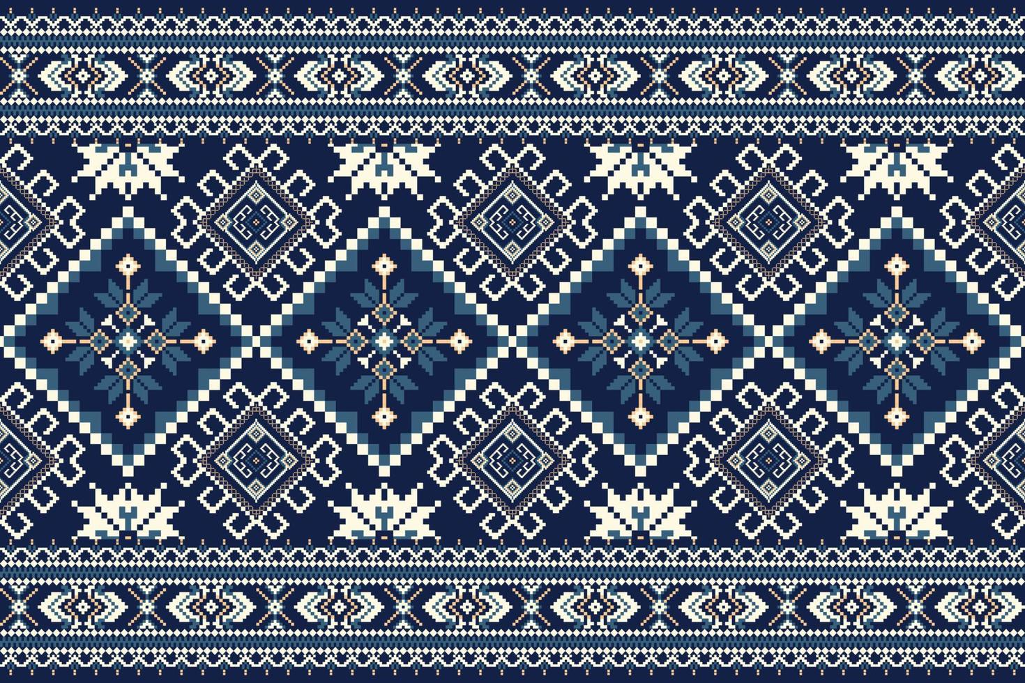 florale kreuzstichstickerei auf marineblauem hintergrund. geometrisches ethnisches orientalisches muster traditionell. abstrakte vektorillustration im aztekenstil. design für textur, stoff, kleidung, verpackung, dekoration. vektor