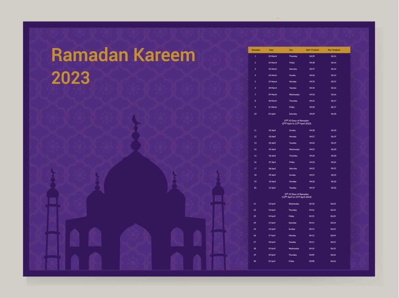 ramadan kalender design 2023. kalender attrapp mall, islamic kalender dua och tid tabell schema skriva ut redo vektor illustration