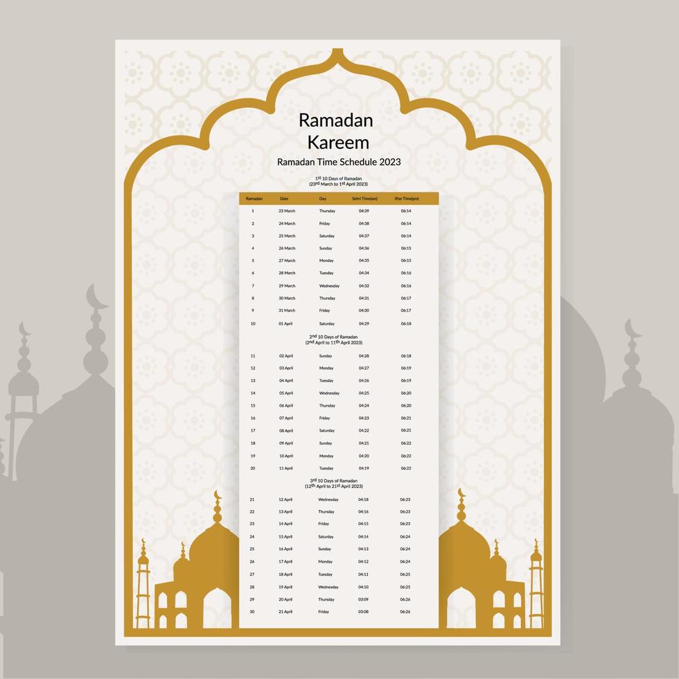 ramadan-kalenderdesign 2023. kalendermodellvorlage, islamischer kalender dua und zeitplanplan druckfertige vektorillustration vektor