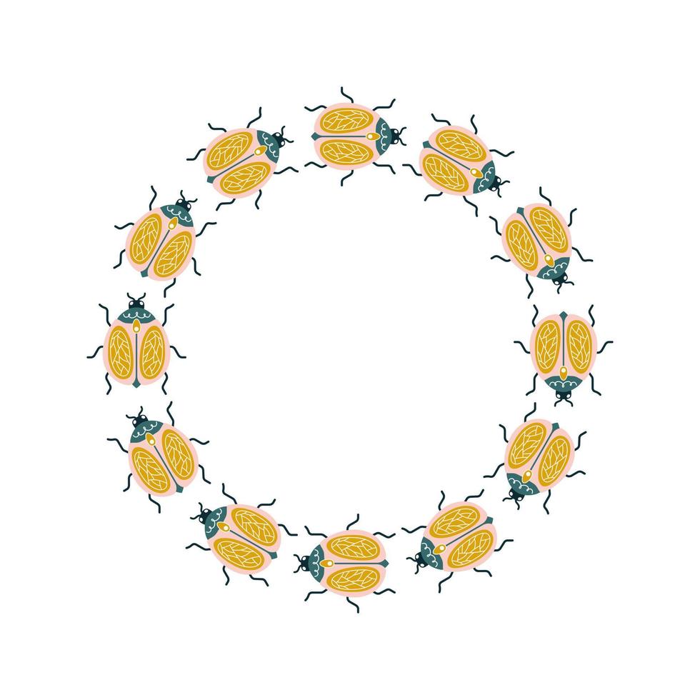 vektor symmetrisk cirkel krans med buggar och bin i konst deco stil. djur- grafik för hälsning kort, märka mönster och logotyper.