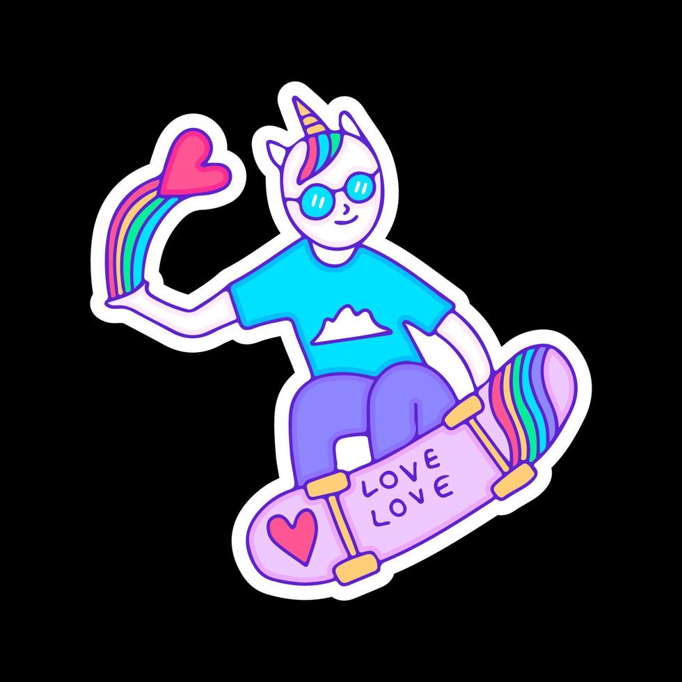 Hype-Einhorn-Charakter und Regenbogen-Freestyle mit Skateboard, Illustration für T-Shirt, Aufkleber oder Bekleidungswaren. mit Doodle-, Retro- und Cartoon-Stil. vektor