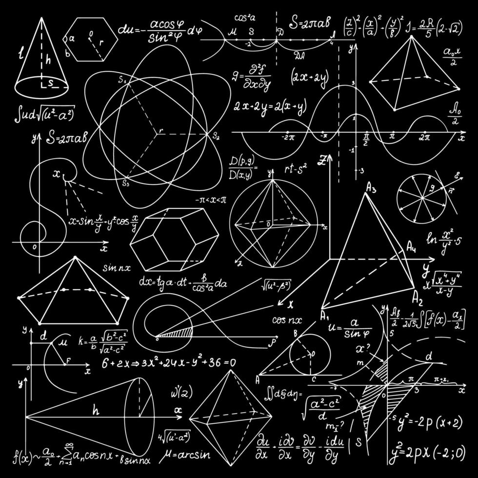 svarta tavlan med matematisk och geometrisk tunn linje formler. matematisk mönster bakgrund. vektor