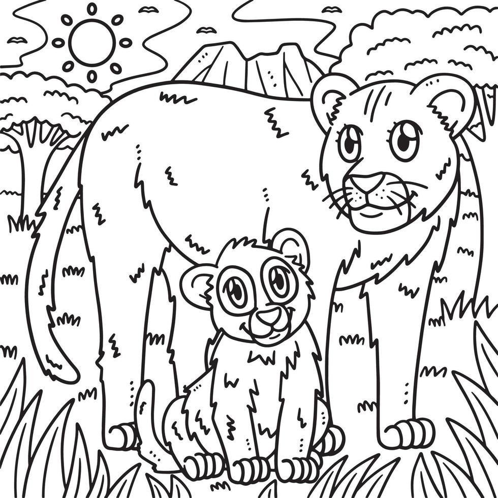 mor lejon och bebis lejon färg sida för barn vektor