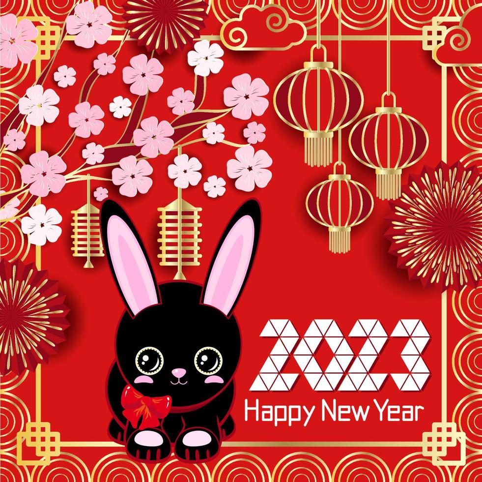 süßes schwarzes Kaninchen. 2023 festlicher rotgoldener Luxushintergrund. neujahr, chinesisches neujahr. rahmen aus chinesischen laternen, feuerwerk, baumblütenzweigen und platz für ihren text vektor