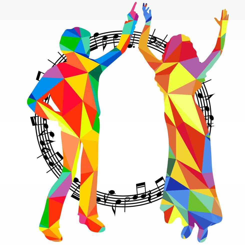 polygon silhuetter dans människor och melodi cirkel, vektor musik slåss fest bakgrund.