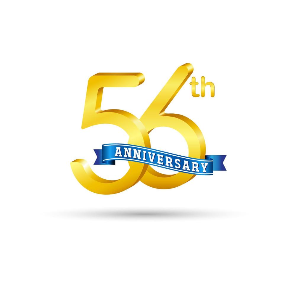 56: e gyllene årsdag logotyp med blå band isolerat på vit bakgrund. 3d guld årsdag logotyp vektor