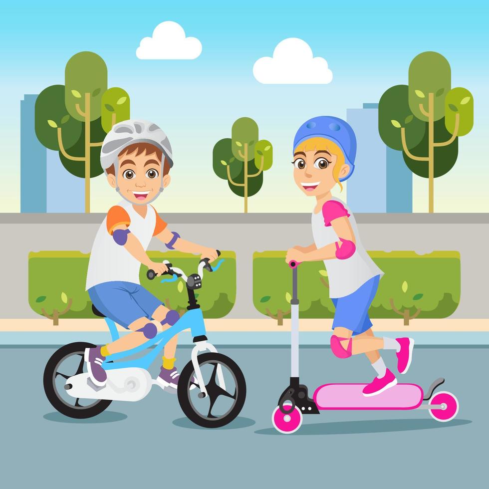 niedlicher cartoon kleiner junge und mädchen fahren fahrrad und roller im park vektor