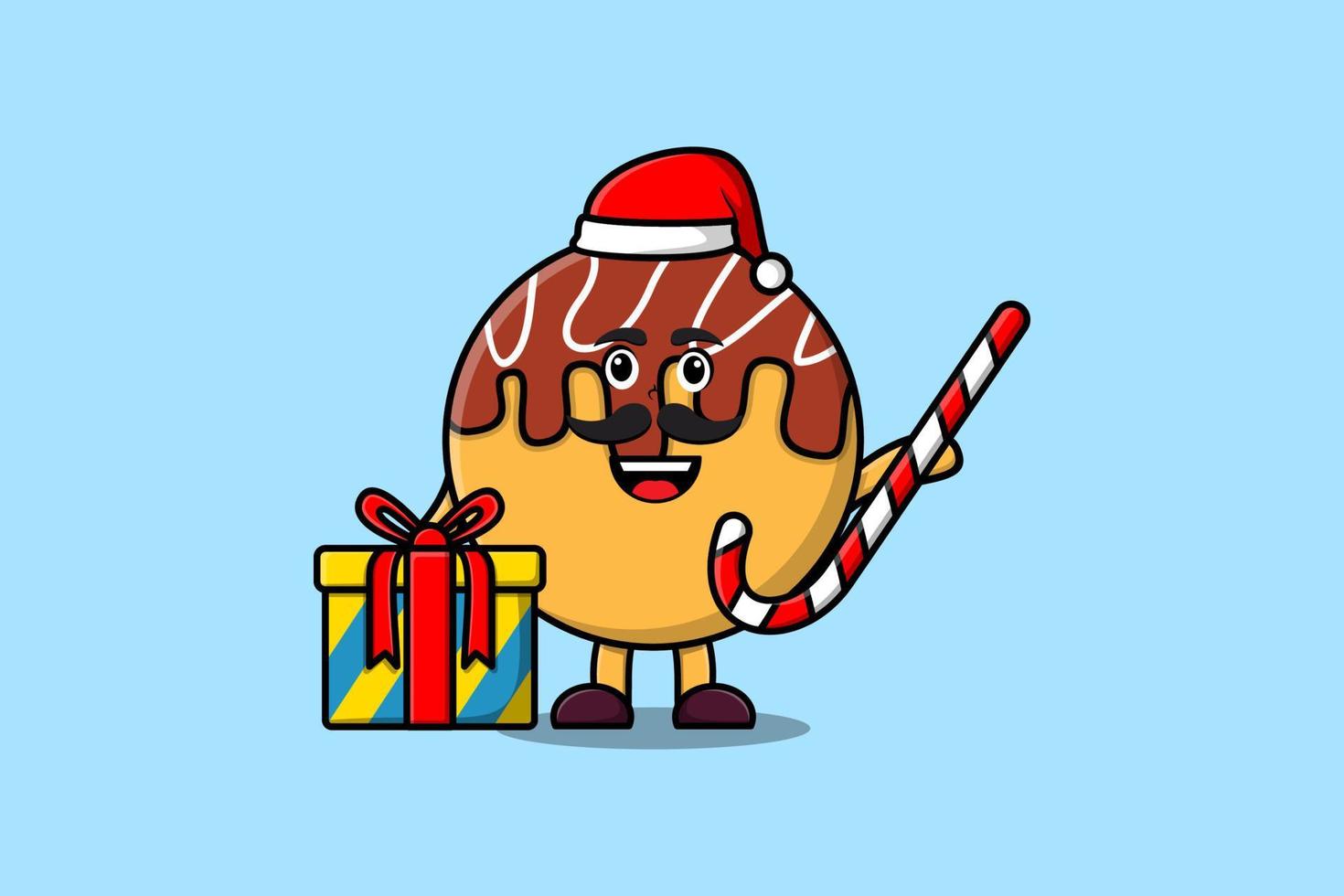 cartoon takoyaki weihnachtsmann bringt zuckerstange vektor