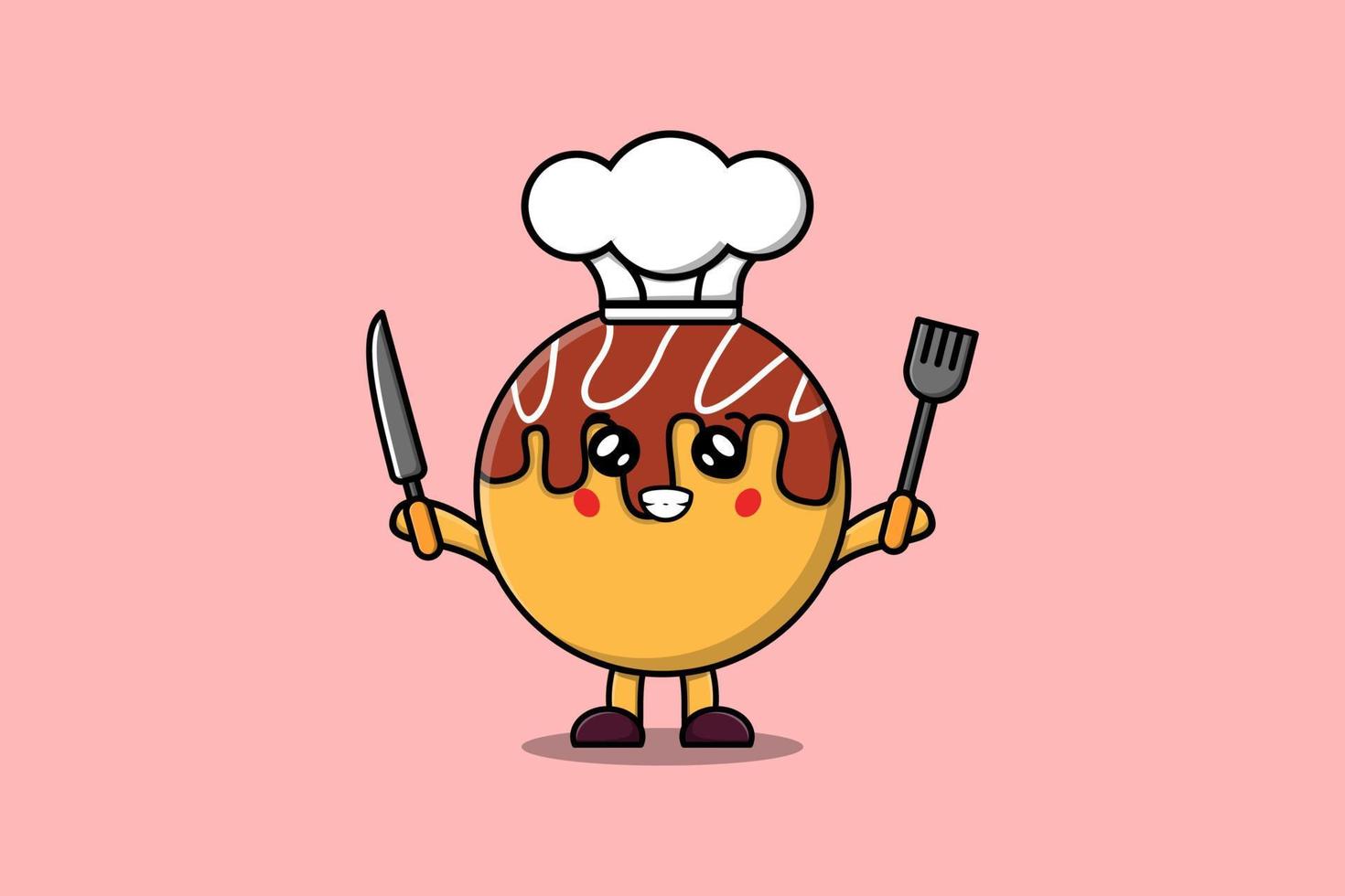 niedlicher karikatur-takoyaki-chef, der messer und gabel hält vektor
