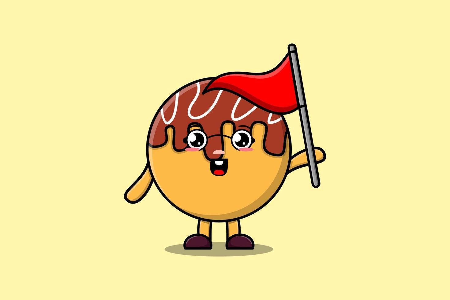 niedlicher karikatur-takoyaki-charakter hält dreiecksflagge vektor