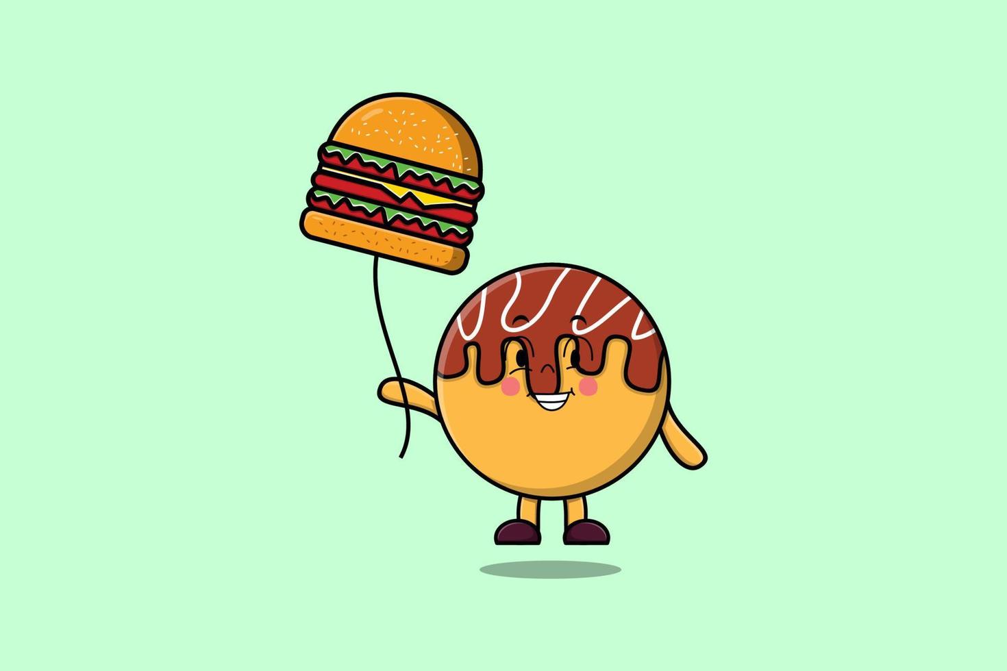 söt tecknad serie takoyaki flytande med burger ballong vektor