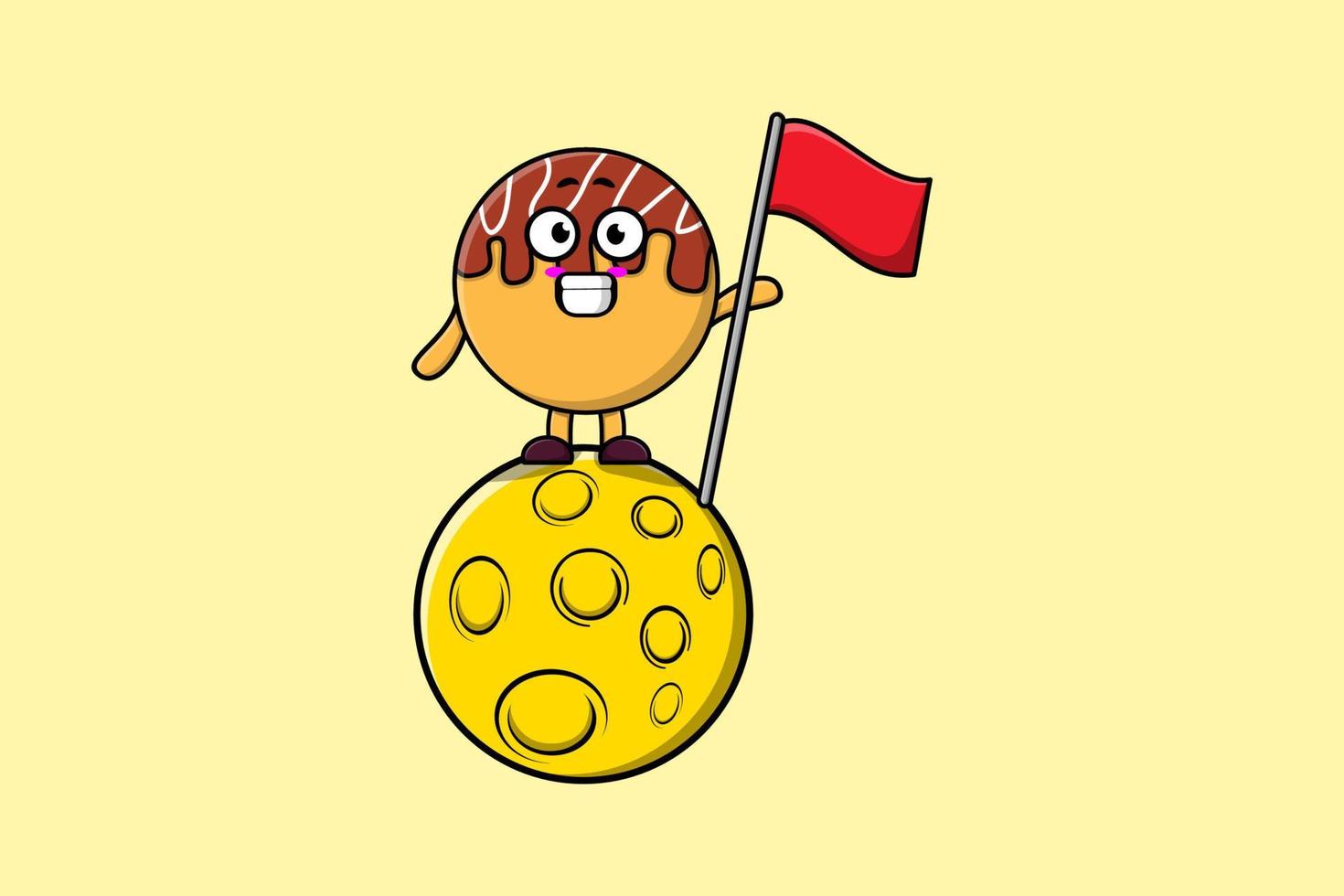 niedlicher cartoon takoyaki steht auf dem mond mit flagge vektor