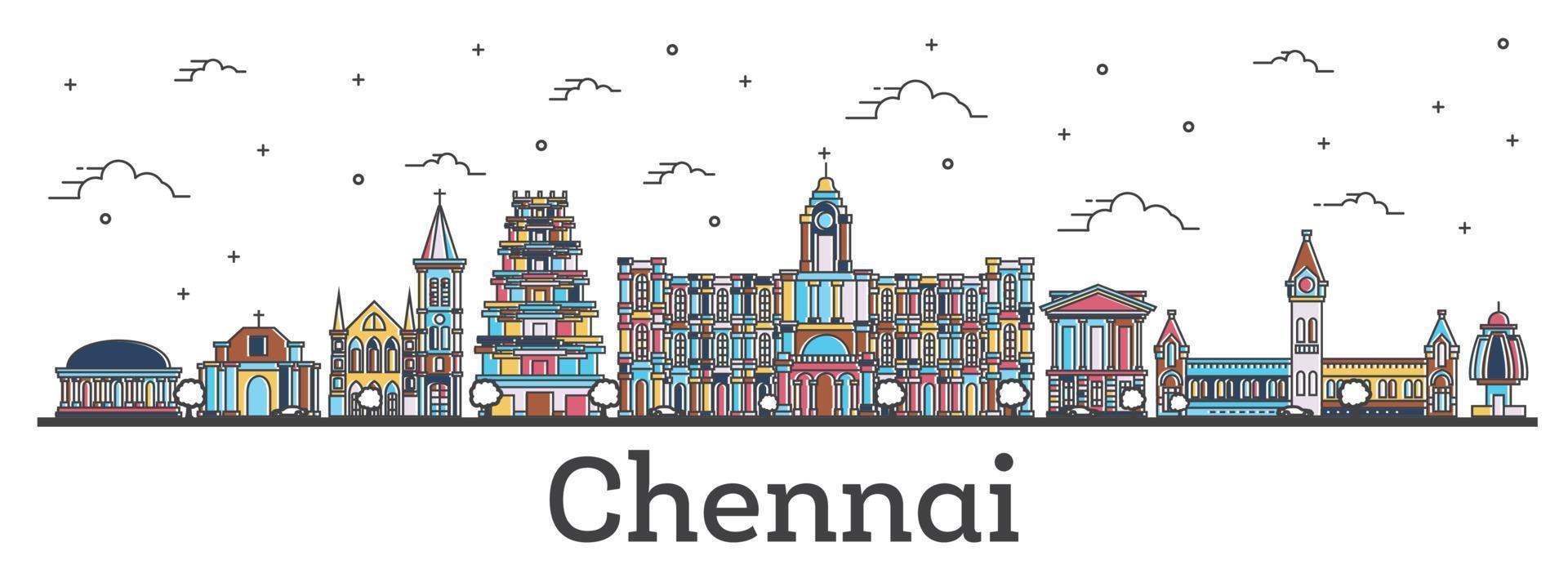 skizzieren sie die skyline von chennai indien mit farbigen gebäuden, die auf weiß isoliert sind. vektor
