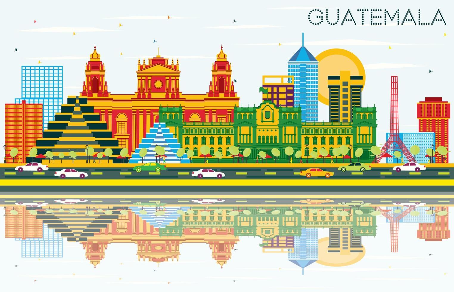 guatemala skyline mit farbigen gebäuden, blauem himmel und reflexionen. vektor