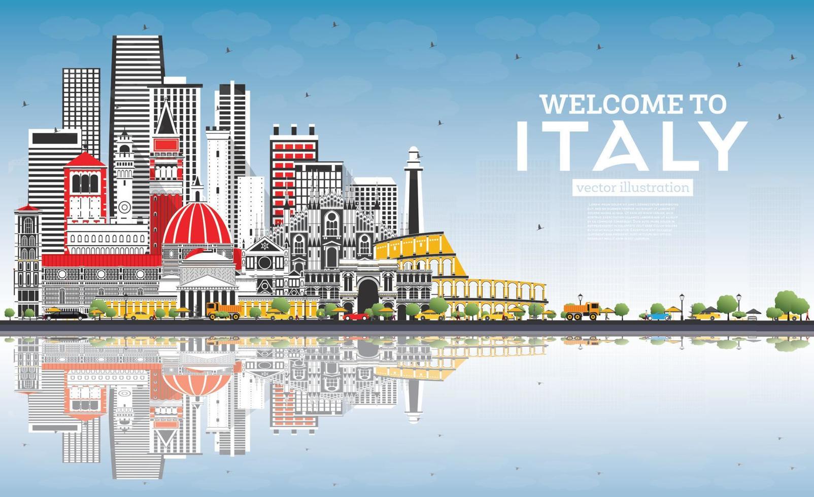 Willkommen in der Skyline der italienischen Stadt mit grauen Gebäuden, blauem Himmel und Reflexionen. vektor