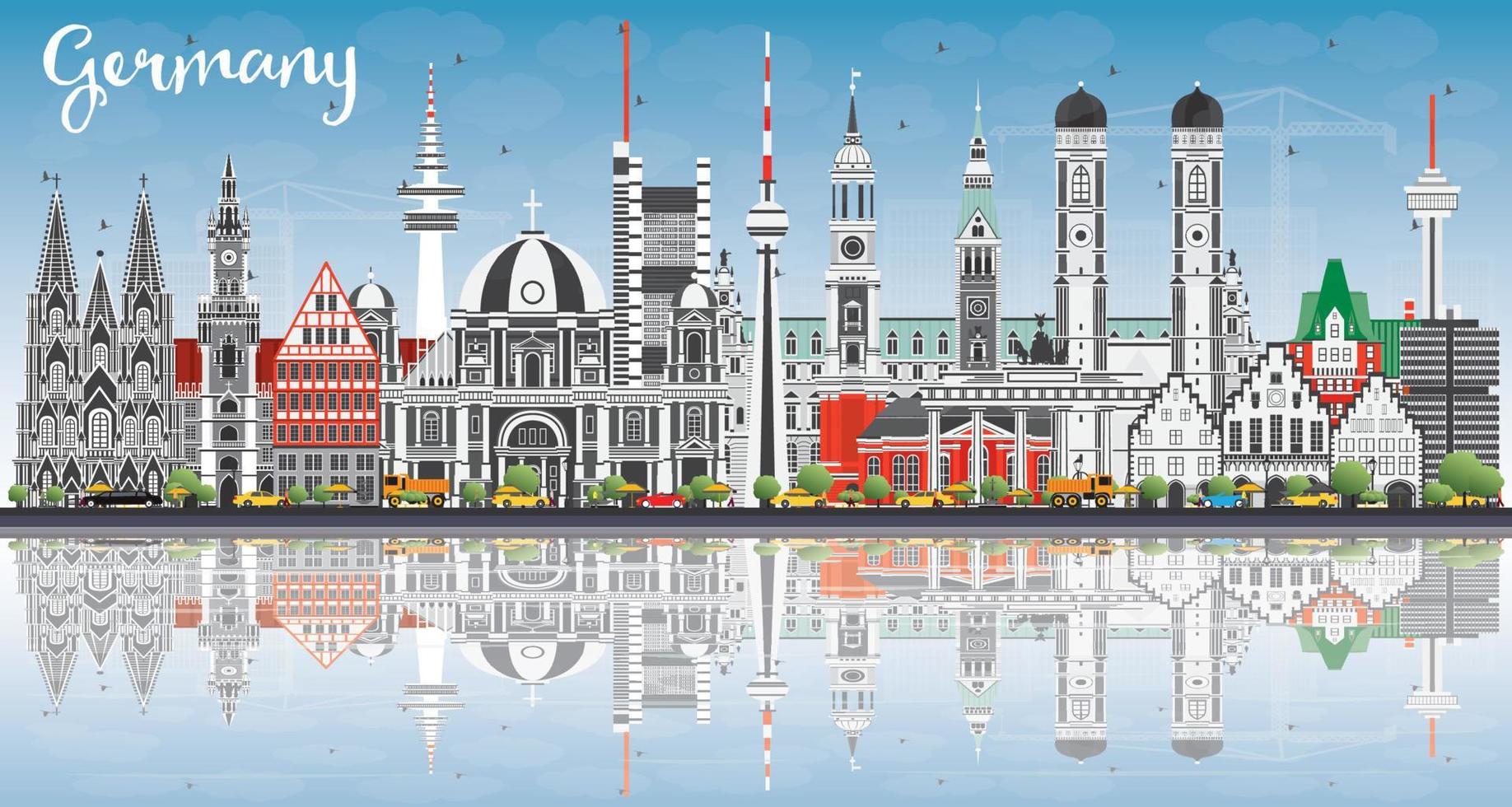 Tyskland stad horisont med grå byggnader, blå himmel och reflektioner. vektor