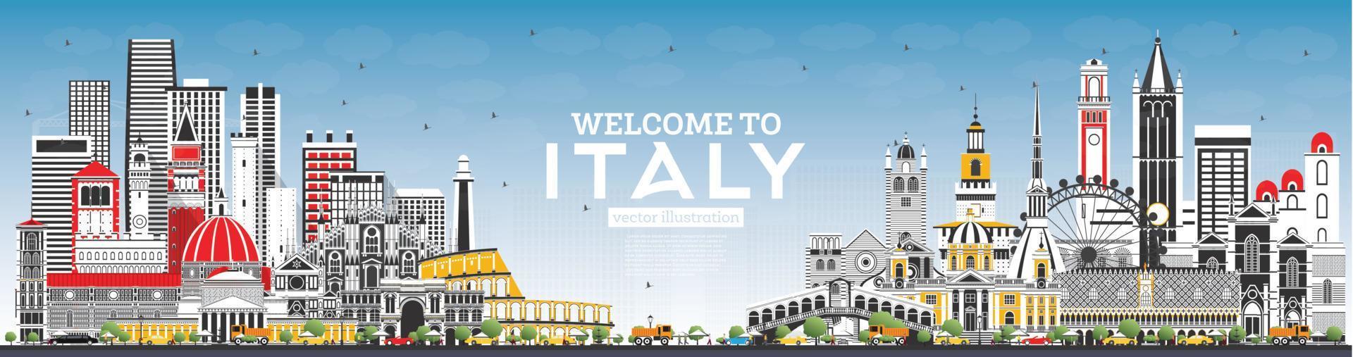 willkommen in der italienischen skyline mit grauen gebäuden und blauem himmel. vektor