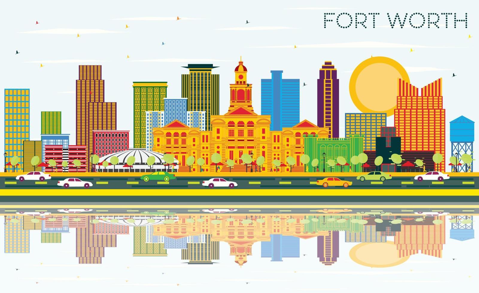 Fort Worth Texas City Skyline mit Farbgebäuden, blauem Himmel und Reflexionen. vektor