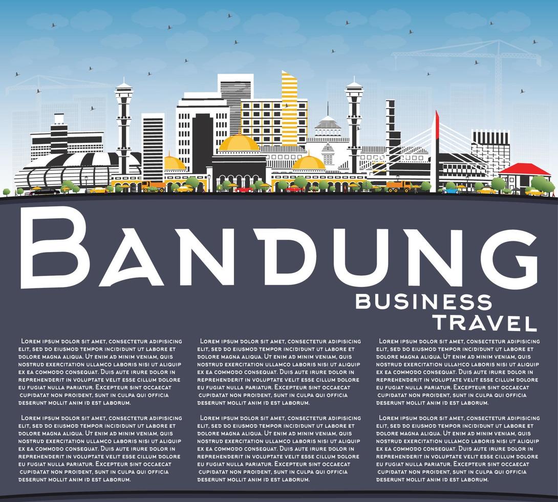 bandung indonesien stad horisont med grå byggnader, blå himmel och kopia Plats. vektor