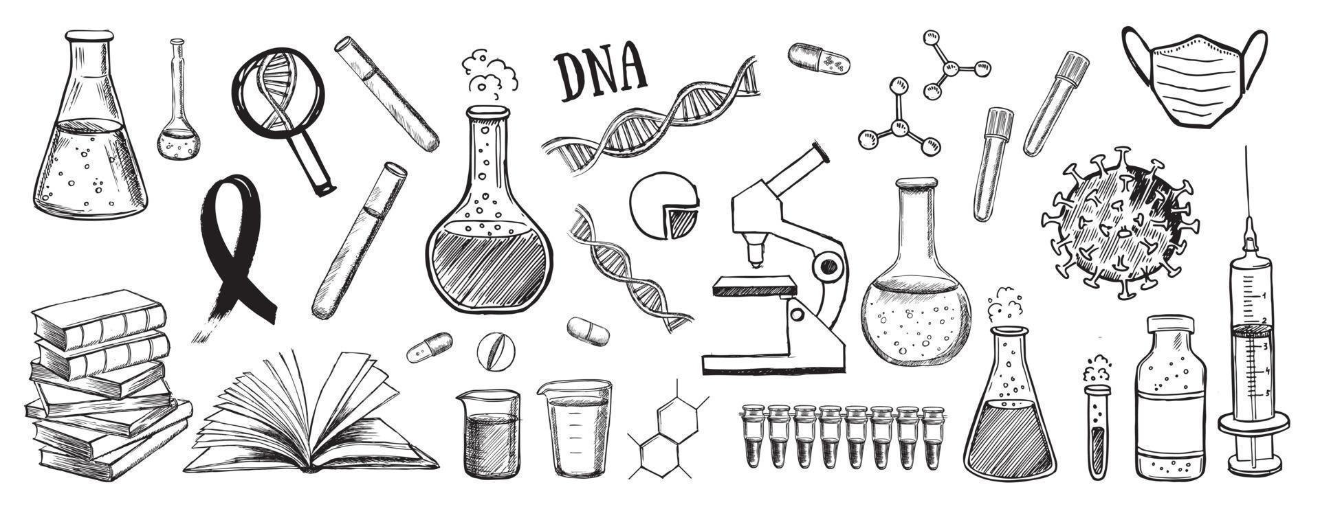 Laborforschung Vektor handgezeichnete Symbole gesetzt. Coronavirus, DNA, Bluttest.