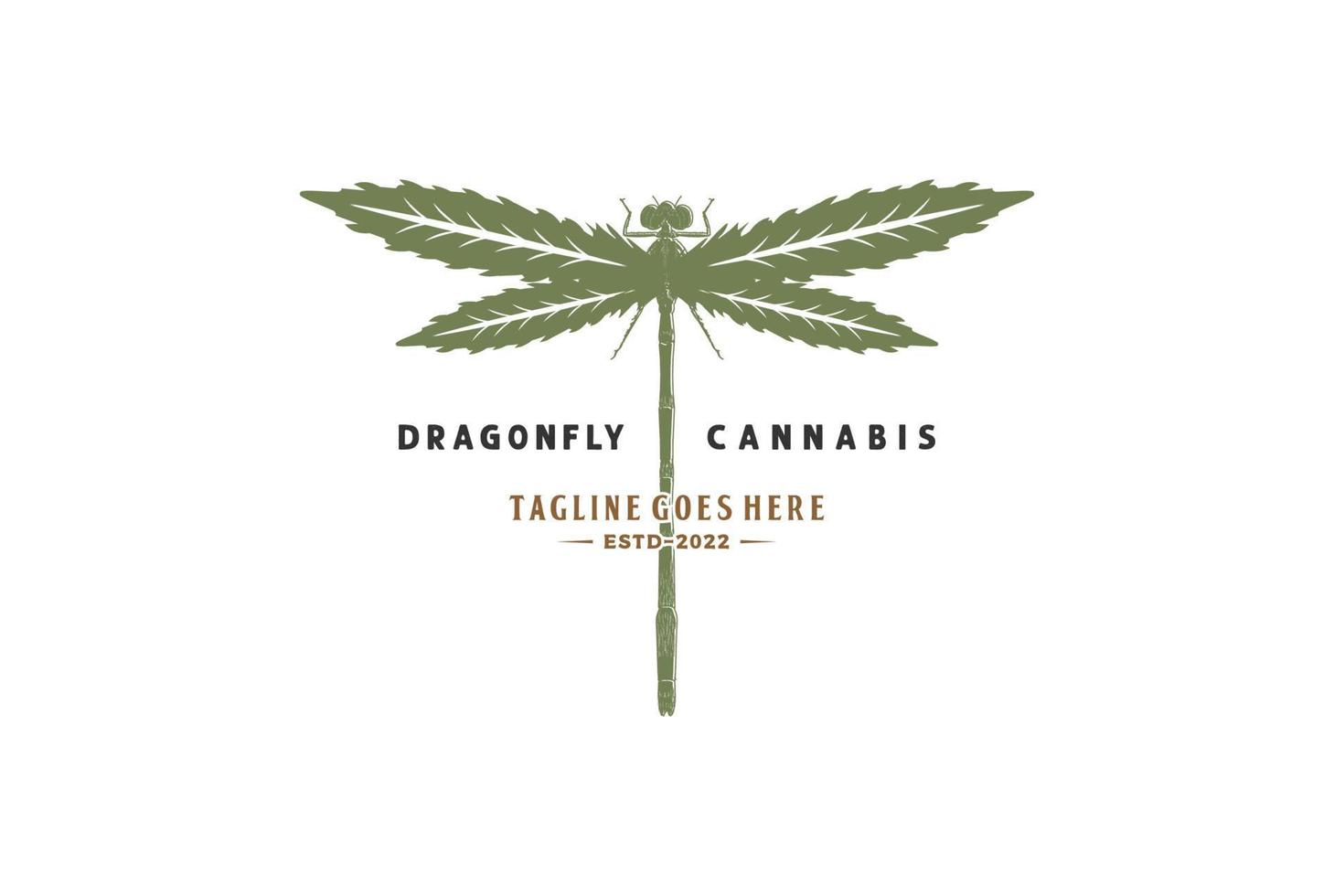 årgång trollslända med cannabis marijuana ganja blad för hampa cbd olja logotyp design vektor