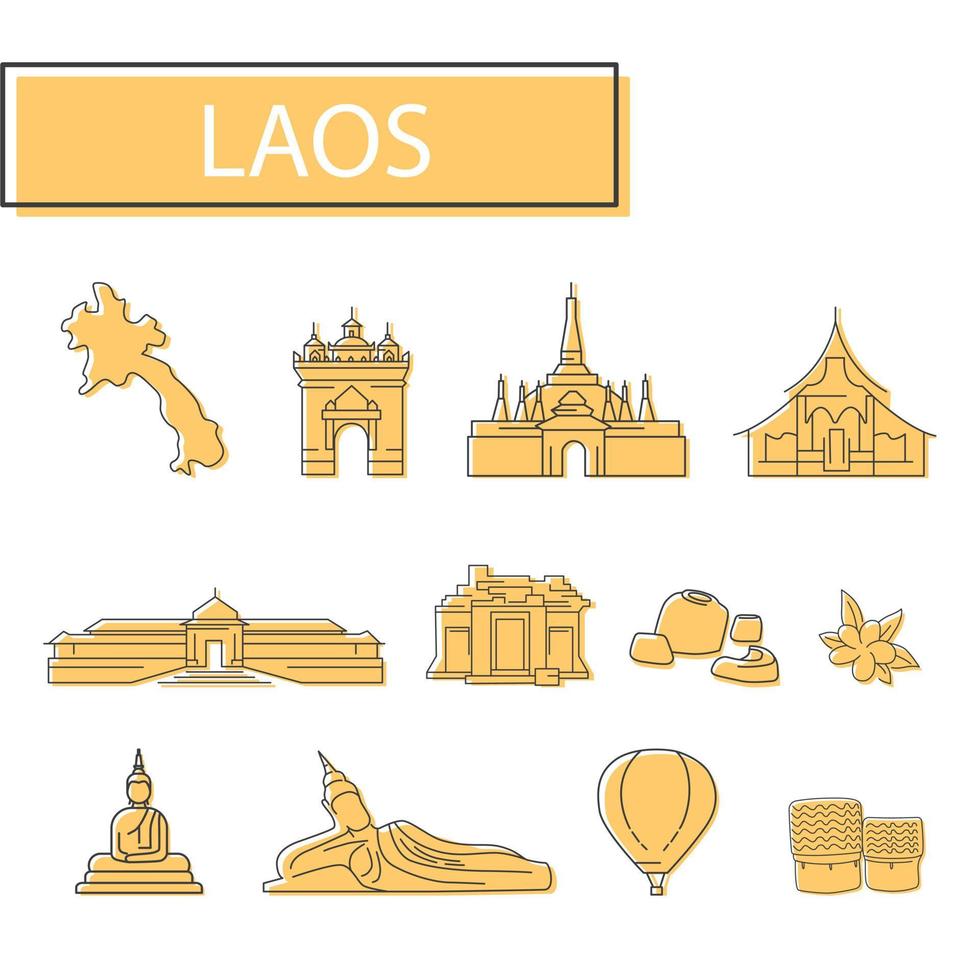 ikonensatz von laos. Karte, Architektur, Tradition und mehr. vektor